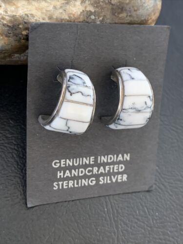 Navajo White Buffalo Turquoise Inlay Earrings | Sterling Silver | 0.5" | Authentic Native American Handmade | 12996