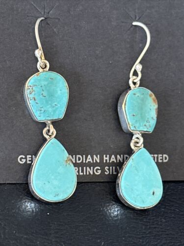 Kingman Turquoise Dangle Earrings | Navajo Handmade | Sterling Silver | Authentic Native American | 14579