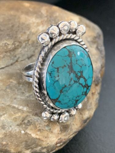 Navajo Blue Spiderweb Turquoise Ring | Sterling Silver | Sz 8 | Authentic Native American Handmade | 13383