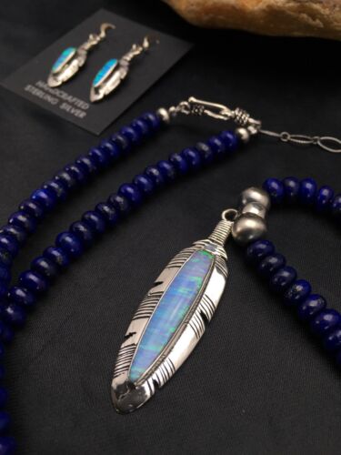 Native American Lapis Opal Pendant Necklace & Earring Set | Sterling Silver | 21" | Navajo Handmade