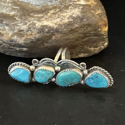 Navajo Blue Kingman Turquoise Cluster Ring | Authentic Native American Sterling Silver | Multi-Stone | Sz 8.5 | 14491