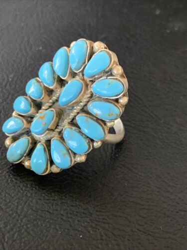 Navajo Blue Cluster Turquoise Needlepoint Ring | Authentic Native American Sterling Silver | Multi-Stone | Sz 8 | 11942