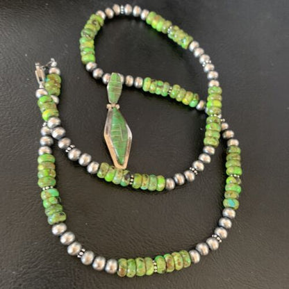 Navajo Green Gaspeite Turquoise Inlay Pendant | Sterling Silver | Authentic Native American Handmade | 13267
