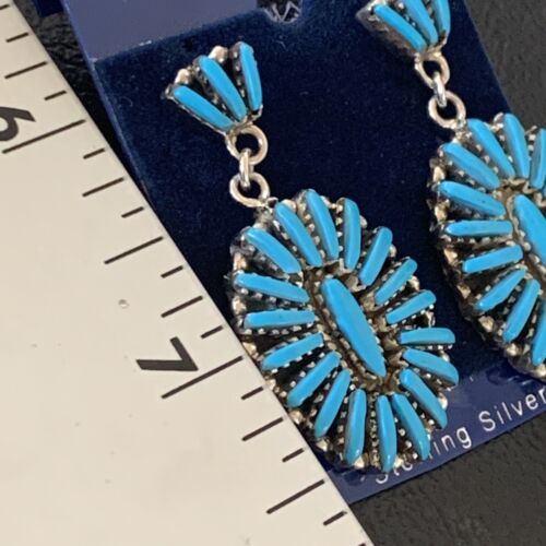 Zuni Handmade Kingman Turquoise Needle Point Dangle Earrings | Sterling Silver | 11622 - Masha USA