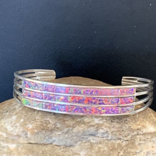 Native American Zuni Purple Opal Inlay Cuff Bracelet | Sterling Silver | 3 Row | 1642