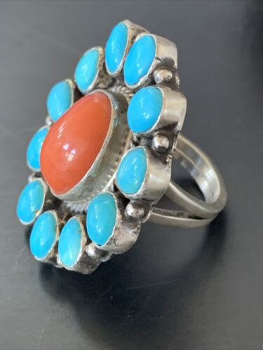 Navajo Blue Turquoise Coral Cluster Ring | Authentic Native American Sterling Silver | Multi-Stone | Sz 9.5 | 11507