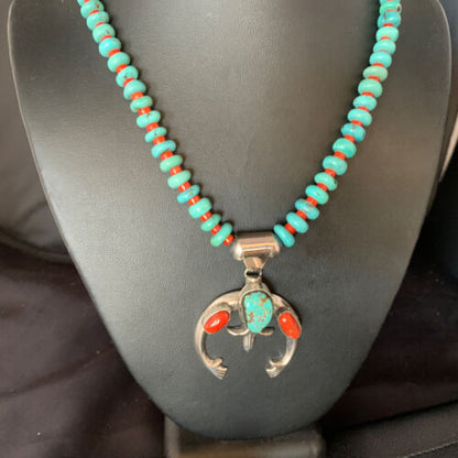 Navajo Sterling Silver Necklace | Blue Turquoise & Coral Naja Pendant | Authentic Native American Handmade | 13747