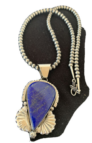 Native American Men's Navajo Pearls Necklace Pendant | Sterling Silver Blue Lapis | 1539