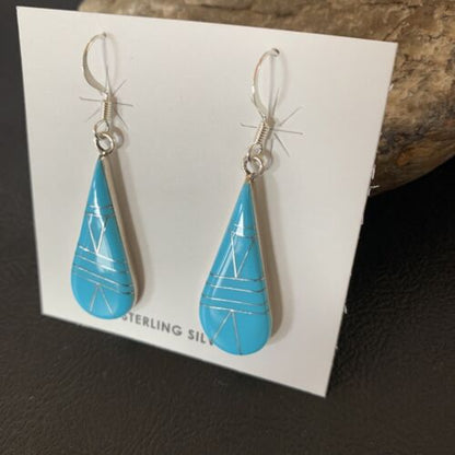 Navajo Blue Turquoise Inlay Dangle Drop Earrings | Sterling Silver | 1.5" | 13311