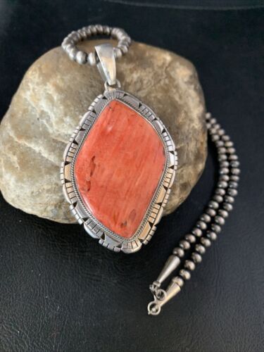 Navajo Red Spiny Oyster Pendant Necklace | Sterling Silver | Authentic Native American Handmade | 13788