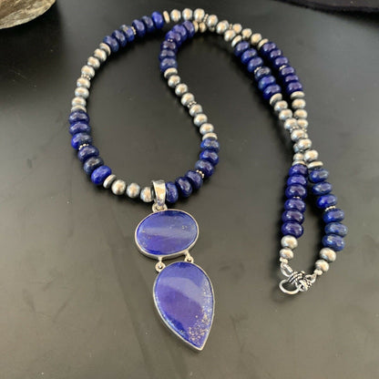 Navajo Sterling Silver Beads Necklace with Lapis Lazuli Pendant | 8mm | Authentic Native American Handmade | 11364