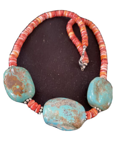 Chunky Turquoise Navajo Pearls | Sterling Silver | Red Spiny Oyster | 22" | Necklace 1239