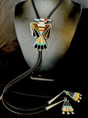 Men's Bolo Tie | Zuni Thunderbird Kingman Turquoise Inlay | Sterling Silver | 14232