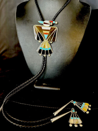 Men's Bolo Tie | Zuni Thunderbird Kingman Turquoise Inlay | Sterling Silver | 14232