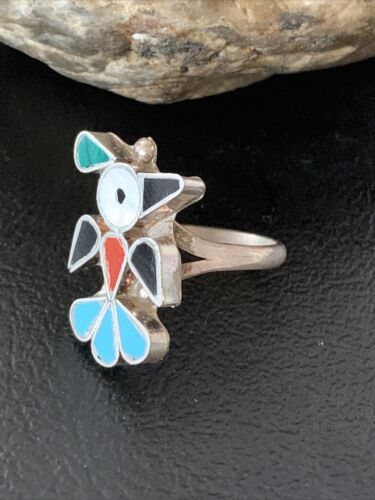 Zuni Peyote Bird Ring | Sterling Silver Coral Turquoise Onyx Mother of Pearl Inlay | Sz 5.5 | 10789
