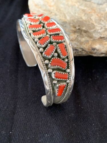Native American Red Coral Cuff Bracelet | Navajo Sterling Silver | Authentic Handmade | 4670 - Masha USA
