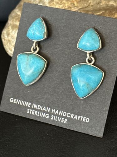 Navajo Blue Turquoise Dangle Earrings | Sterling Silver | 1" | Authentic Native American Handmade | 14771