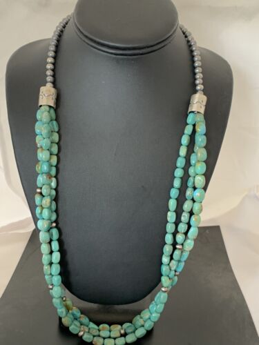 Navajo Royston Turquoise Necklace | 3 Strand | Sterling Silver | Authentic Native American Handmade | 494