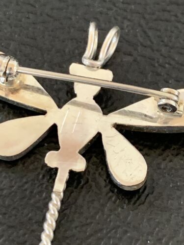 Zuni Turquoise Pink Mother of Pearl Inlay Dragonfly Necklace Pin Pendant | Sterling Silver | 12325