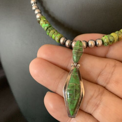 Navajo Green Gaspeite Turquoise Inlay Pendant | Sterling Silver | Authentic Native American Handmade | 13267