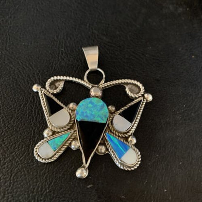 Zuni Butterfly Opal Mother of Pearl Onyx Inlay Pendant Necklace | Sterling Silver | 14207