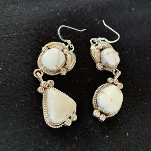 Navajo White Buffalo Turquoise Dangle Earrings | Sterling Silver | 2.50" | Authentic Native American Handmade | 1662