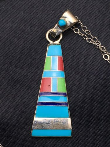 Native Turquoise & Coral Inlay Pendant Navajo Sterling Silver Chain 4437