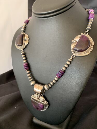 Navajo Pearls Sterling Silver Purple Sugilite Bead Necklace with 3 Pendants | 10869