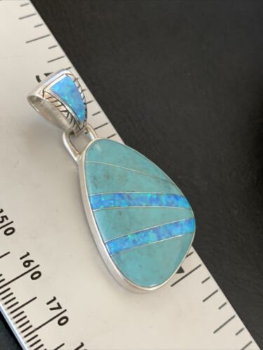 Men's Women's Navajo Blue Turquoise Opal Inlay Pendant | Sterling Silver | Native American Handmade | 12490