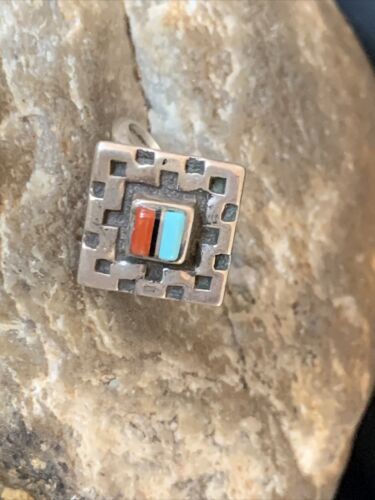Native American Women's Navajo Blue Turquoise Coral Inlay Ring | Sz 8 | 13132