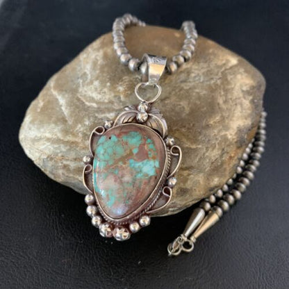 Men's Navajo Green Royston Turquoise Pendant Necklace | Sterling Silver | Authentic Native American Handmade | 13662 - Masha USA