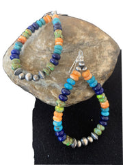 Navajo Sterling Silver Bead Earrings | Spiny, Turquoise & Lapis Dangle | Authentic Native American Handmade | 1413