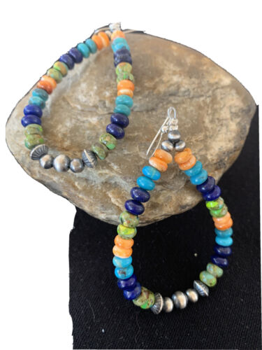 Navajo Sterling Silver Bead Earrings | Spiny, Turquoise & Lapis Dangle | Authentic Native American Handmade | 1413