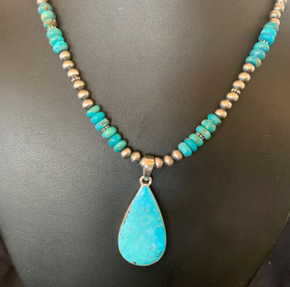 Navajo Pearl Necklace with Blue Kingman Turquoise Pendant | Sterling Silver | 11690