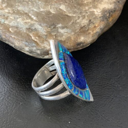 Native American Blue Lapis Opal Inlay Ring | Navajo Sterling Silver | Sz 9 | 12848