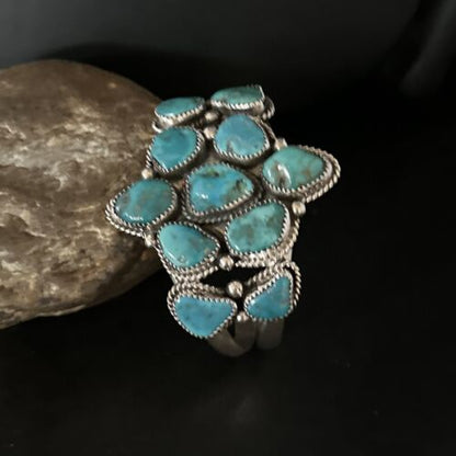 Men's Sterling Silver Cuff Bracelet | Blue Kingman Turquoise Cluster | Authentic Native American Handmade | 14596