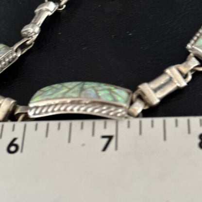Navajo White Opal Inlay Link Bracelet | Sterling Silver | 8" | Authentic Native American Handmade | 14259