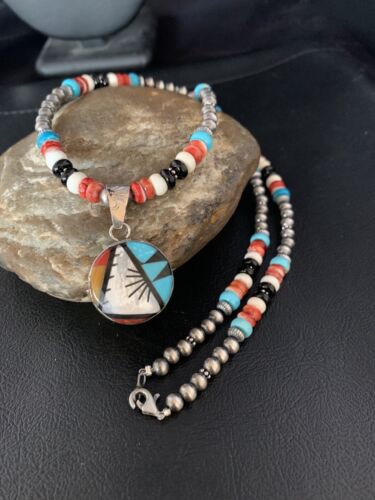 Zuni Multi-Color Turquoise Onyx Necklace | Sterling Silver Inlay Pendant | Native American Handmade | 13564
