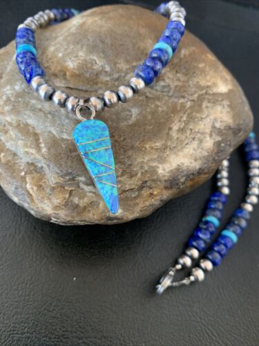 Men's Navajo Pendant | Blue Lapis Turquoise Opal Sterling Necklace 22" | 13385