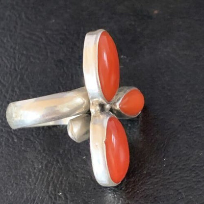 Navajo Red Coral Multi-Stone Ring | Authentic Native American Sterling Silver | Multi-Stone | Sz 7.5 | 14214