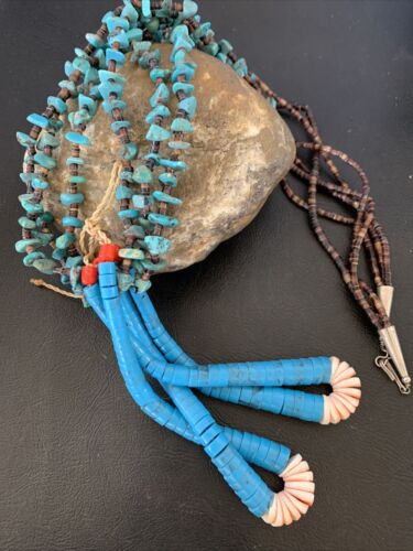 Native American Santo Domingo Spiny Blue Turquoise Shell Jacla Necklace | 3-Strand 27" | 12495