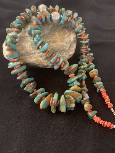 Navajo Green Turquoise & Spiny Oyster  Necklace | Sterling Silver | 26" Graduated | Authentic Native American | 00609