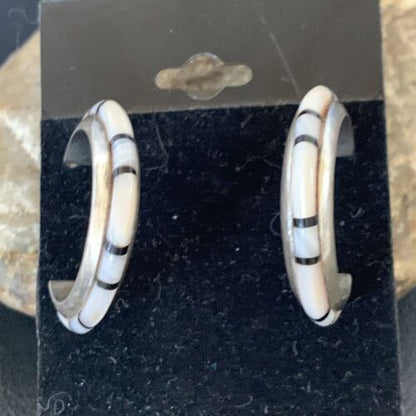 Navajo Pink Mother of Pearl and Onyx Inlay Hoop Earrings | Sterling Silver | Authentic Native American Handmade | 12674