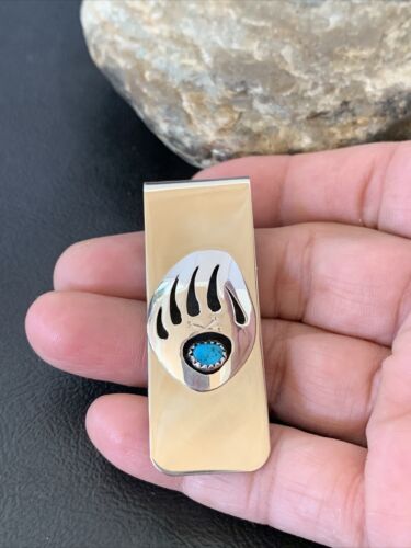 Navajo Handmade Turquoise Bear Paw Money Clip | Sterling Silver | Authentic Native American | 1568