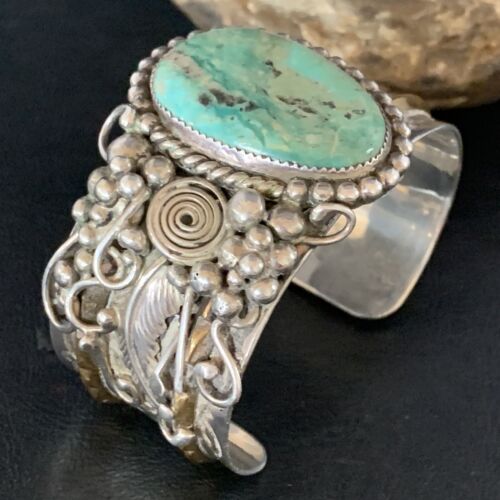 Navajo Green Turquoise Cuff Bracelet | Sterling Silver & 12K Gold | Authentic Native American Handmade | 14116 - Masha USA