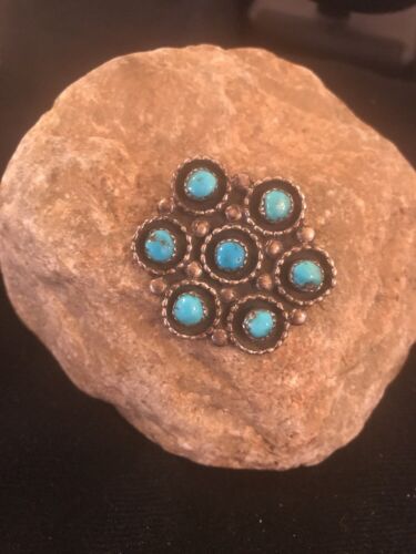 Native American Kingman Turquoise Cluster Pin | Navajo Sterling Silver | 8017