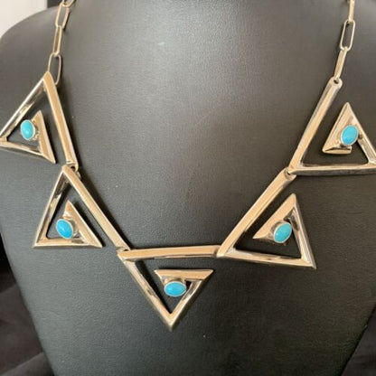 Navajo Squash Blossom Necklace & Earrings Set | Kingman Turquoise | Sterling Silver | Authentic Native American Handmade | 10926