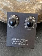 Navajo Black Onyx Stud Post Earrings | Sterling Silver | 0.5" | Authentic Native American Handmade | 12643