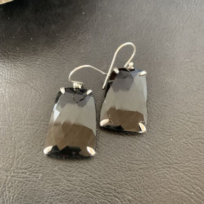 Navajo Black Faceted Quartz Dangle Earrings | Sterling Silver | 1" | Authentic Native American Handmade | 12087