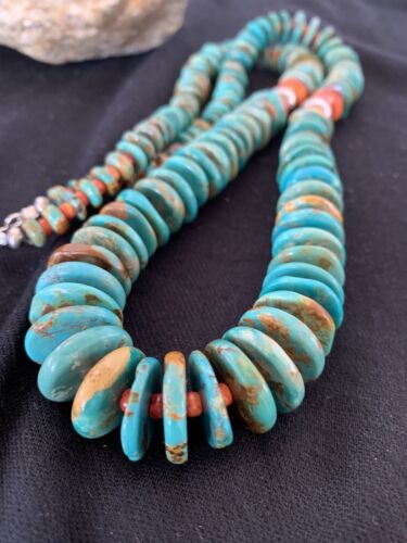 Navajo Sterling Silver Necklace | Natural Green Turquoise & Spiny Oyster | Graduated | Authentic Native American | 28" | 00328